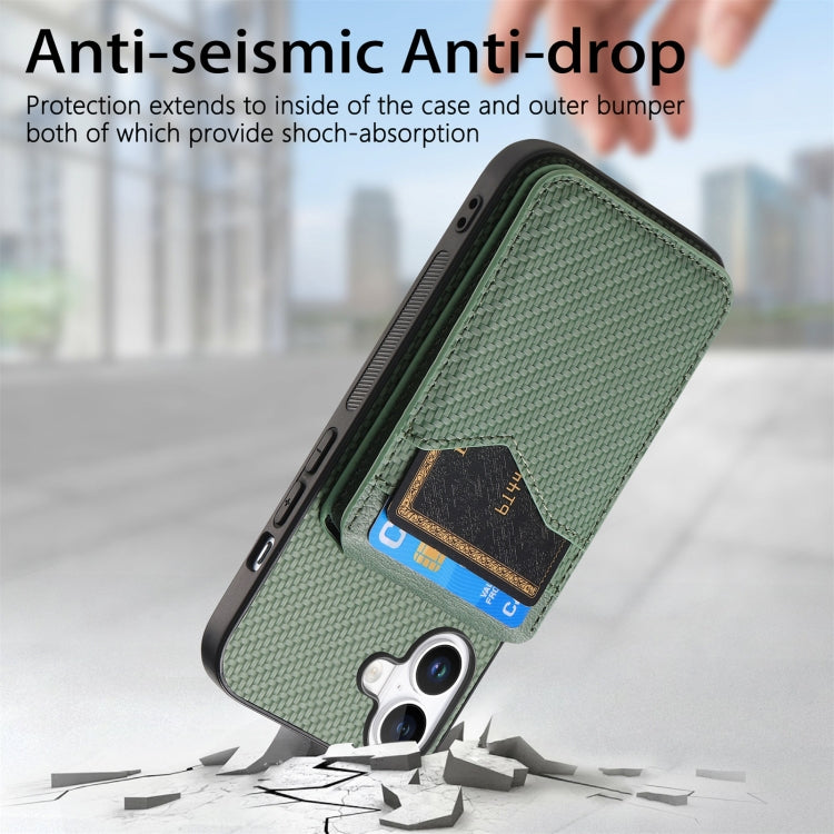 For iPhone 16 Carbon Fiber MagSafe Vertical Flip Card Bag Phone Case(Green) - iPhone 16 Cases by buy2fix | Online Shopping UK | buy2fix