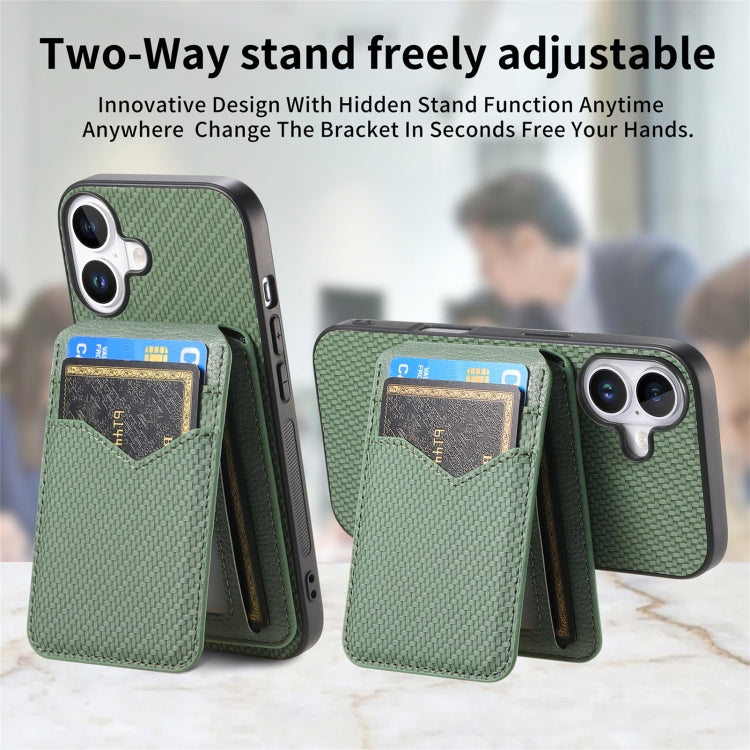 For iPhone 16 Carbon Fiber MagSafe Vertical Flip Card Bag Phone Case(Green) - iPhone 16 Cases by buy2fix | Online Shopping UK | buy2fix