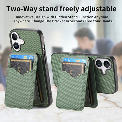 For iPhone 16 Carbon Fiber MagSafe Vertical Flip Card Bag Phone Case(Green) - iPhone 16 Cases by buy2fix | Online Shopping UK | buy2fix