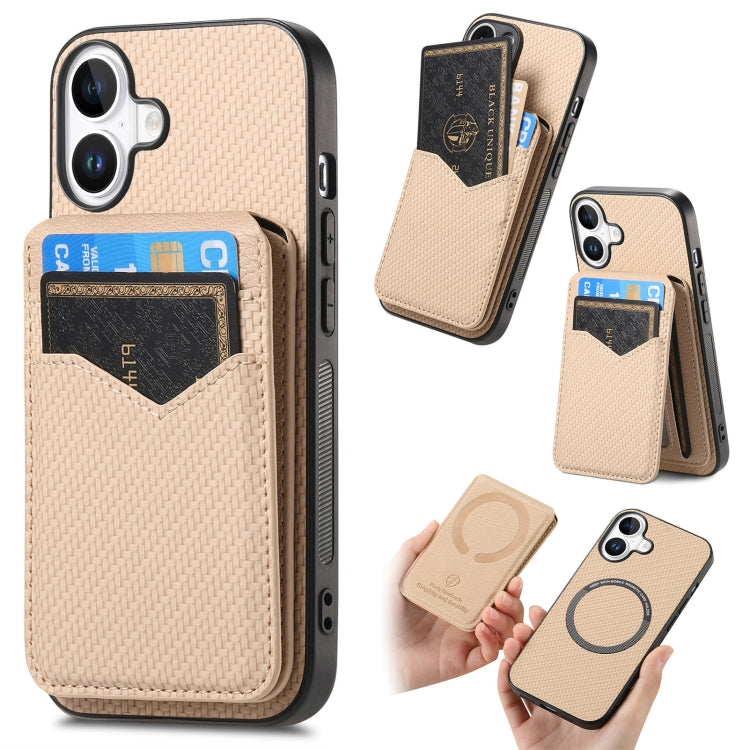 For iPhone 16 Plus Carbon Fiber MagSafe Vertical Flip Card Bag Phone Case(Khaki) - iPhone 16 Plus Cases by buy2fix | Online Shopping UK | buy2fix