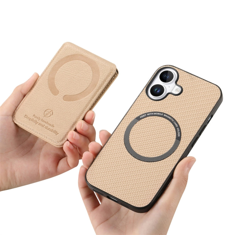 For iPhone 16 Plus Carbon Fiber MagSafe Vertical Flip Card Bag Phone Case(Khaki) - iPhone 16 Plus Cases by buy2fix | Online Shopping UK | buy2fix