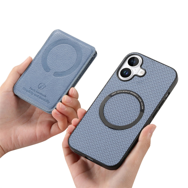 For iPhone 16 Plus Carbon Fiber MagSafe Vertical Flip Card Bag Phone Case(Blue) - iPhone 16 Plus Cases by buy2fix | Online Shopping UK | buy2fix