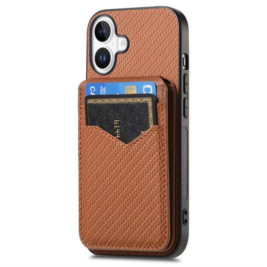For iPhone 16 Plus Carbon Fiber MagSafe Vertical Flip Card Bag Phone Case(Brown) - iPhone 16 Plus Cases by buy2fix | Online Shopping UK | buy2fix