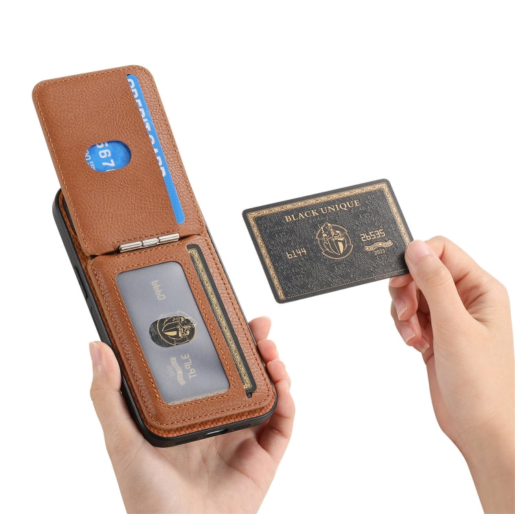 For iPhone 16 Plus Carbon Fiber MagSafe Vertical Flip Card Bag Phone Case(Brown) - iPhone 16 Plus Cases by buy2fix | Online Shopping UK | buy2fix