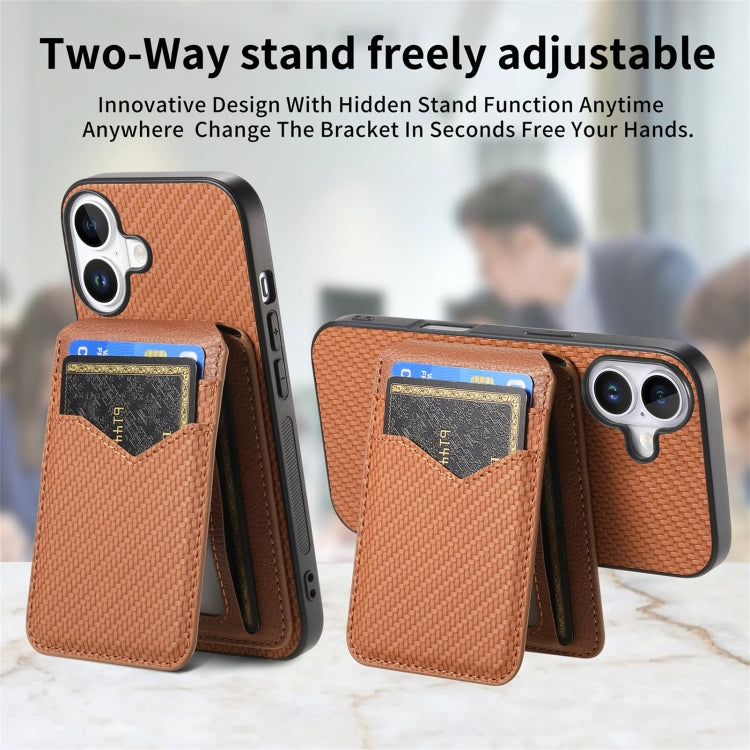 For iPhone 16 Plus Carbon Fiber MagSafe Vertical Flip Card Bag Phone Case(Brown) - iPhone 16 Plus Cases by buy2fix | Online Shopping UK | buy2fix