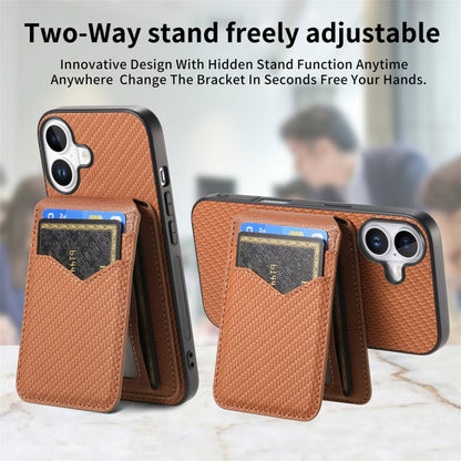 For iPhone 16 Plus Carbon Fiber MagSafe Vertical Flip Card Bag Phone Case(Brown) - iPhone 16 Plus Cases by buy2fix | Online Shopping UK | buy2fix