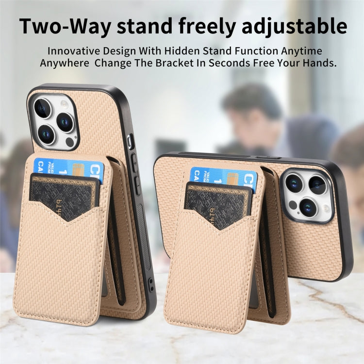 For iPhone 16 Pro Carbon Fiber MagSafe Vertical Flip Card Bag Phone Case(Khaki) - iPhone 16 Pro Cases by buy2fix | Online Shopping UK | buy2fix