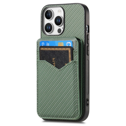 For iPhone 16 Pro Carbon Fiber MagSafe Vertical Flip Card Bag Phone Case(Green) - iPhone 16 Pro Cases by buy2fix | Online Shopping UK | buy2fix