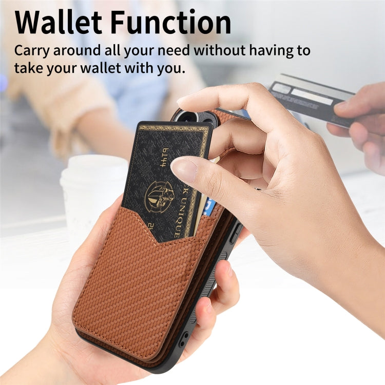 For iPhone 16 Pro Carbon Fiber MagSafe Vertical Flip Card Bag Phone Case(Brown) - iPhone 16 Pro Cases by buy2fix | Online Shopping UK | buy2fix