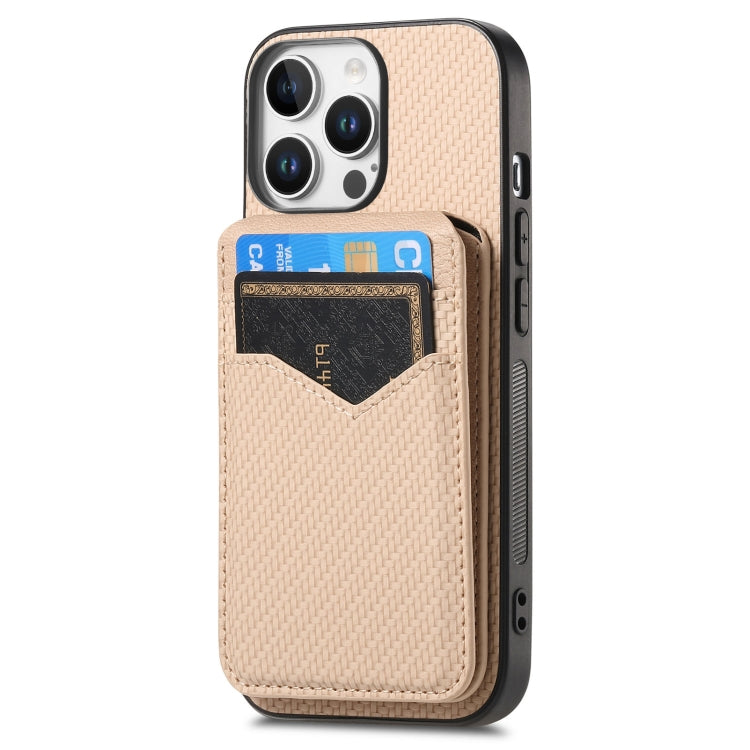 For iPhone 16 Pro Max Carbon Fiber MagSafe Vertical Flip Card Bag Phone Case(Khaki) by buy2fix