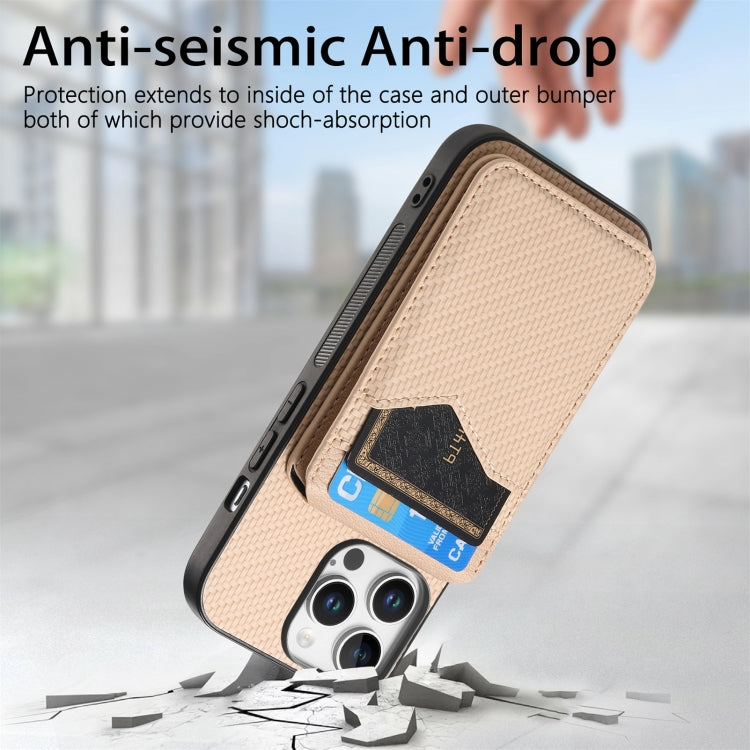 For iPhone 16 Pro Max Carbon Fiber MagSafe Vertical Flip Card Bag Phone Case(Khaki) by buy2fix