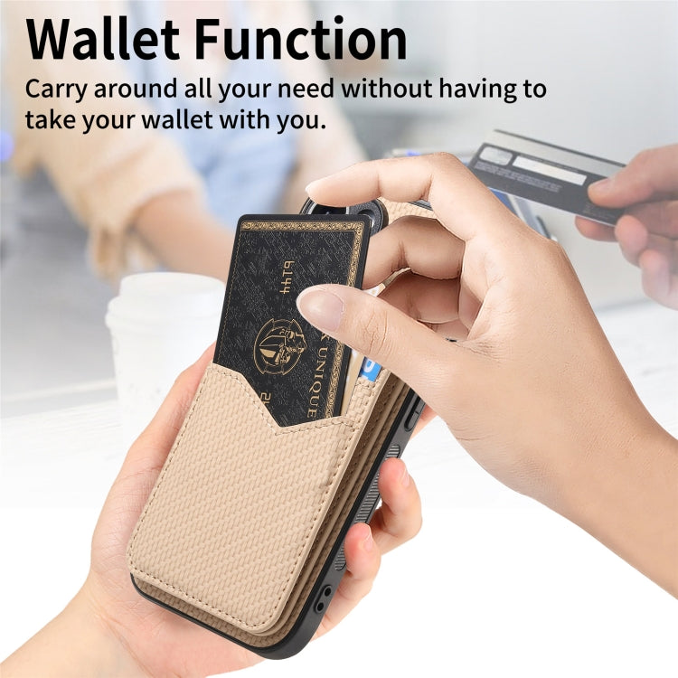 For iPhone 16 Pro Max Carbon Fiber MagSafe Vertical Flip Card Bag Phone Case(Khaki) by buy2fix