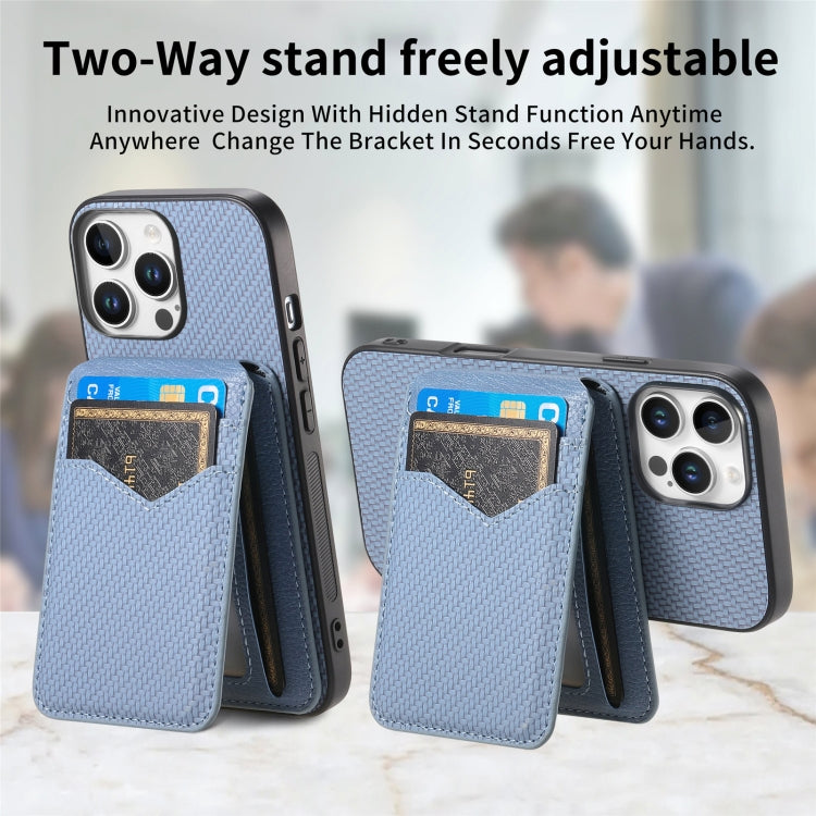 For iPhone 16 Pro Max Carbon Fiber MagSafe Vertical Flip Card Bag Phone Case(Blue) - iPhone 16 Pro Max Cases by buy2fix | Online Shopping UK | buy2fix