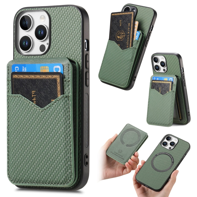 For iPhone 16 Pro Max Carbon Fiber MagSafe Vertical Flip Card Bag Phone Case(Green) - iPhone 16 Pro Max Cases by buy2fix | Online Shopping UK | buy2fix