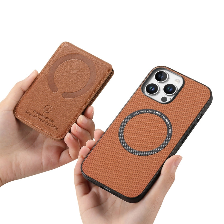 For iPhone 16 Pro Max Carbon Fiber MagSafe Vertical Flip Card Bag Phone Case(Brown) - iPhone 16 Pro Max Cases by buy2fix | Online Shopping UK | buy2fix