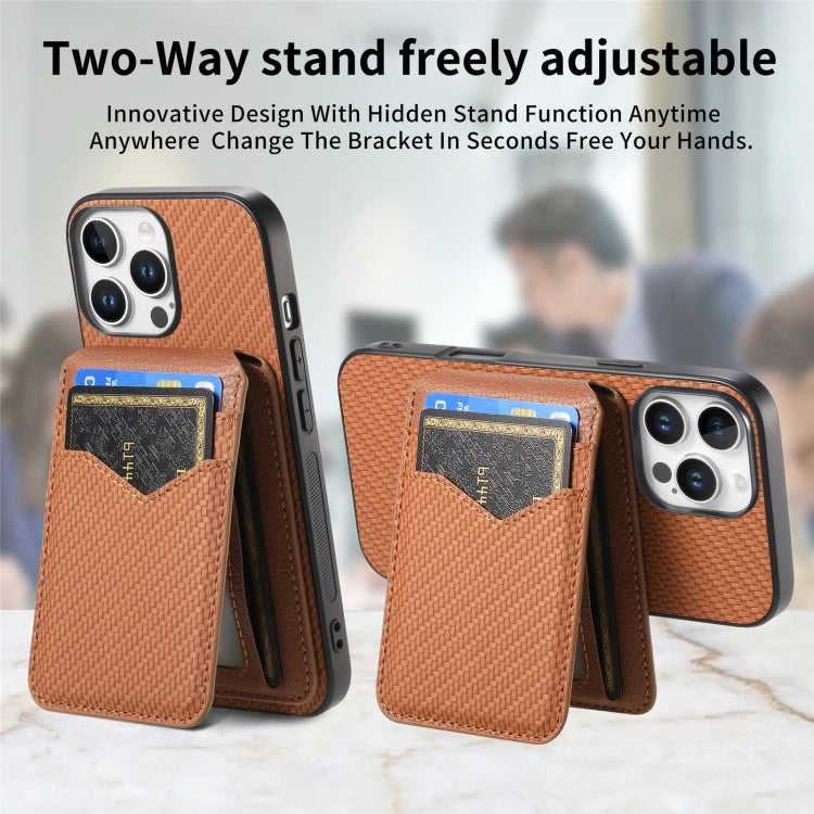 For iPhone 16 Pro Max Carbon Fiber MagSafe Vertical Flip Card Bag Phone Case(Brown) - iPhone 16 Pro Max Cases by buy2fix | Online Shopping UK | buy2fix