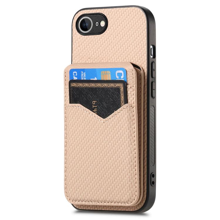 For iPhone 16e Carbon Fiber MagSafe Vertical Flip Card Bag Phone Case(Khaki) - iPhone 16e Cases by buy2fix | Online Shopping UK | buy2fix