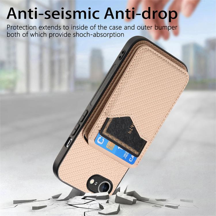 For iPhone 16e Carbon Fiber MagSafe Vertical Flip Card Bag Phone Case(Khaki) - iPhone 16e Cases by buy2fix | Online Shopping UK | buy2fix