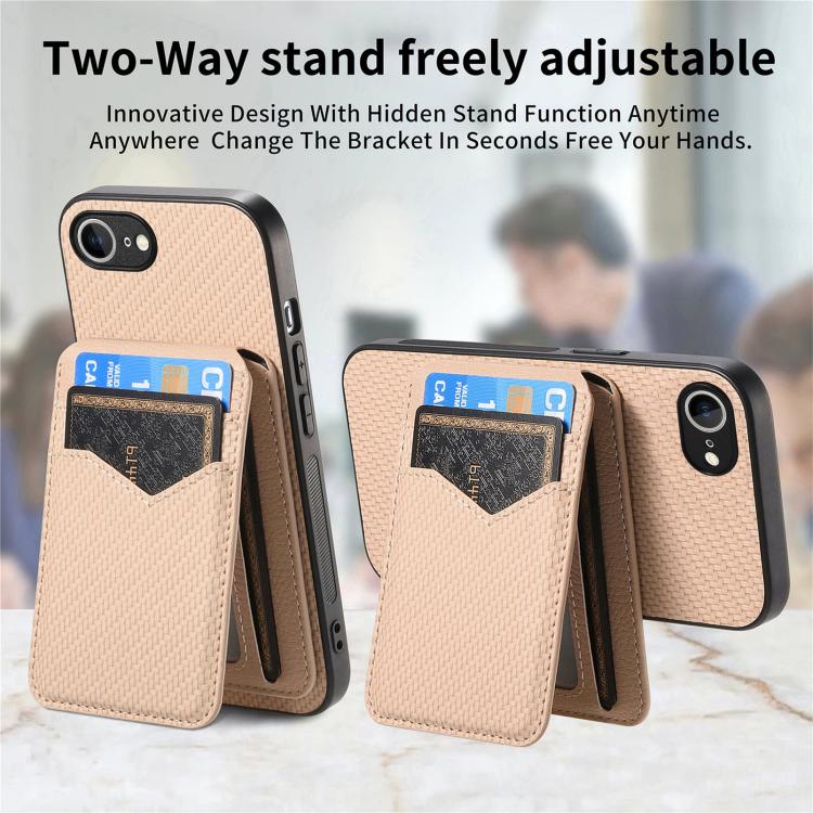For iPhone 16e Carbon Fiber MagSafe Vertical Flip Card Bag Phone Case(Khaki) - iPhone 16e Cases by buy2fix | Online Shopping UK | buy2fix