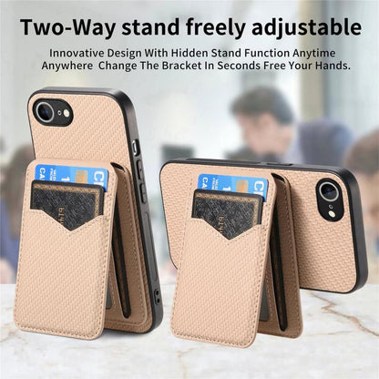 For iPhone 16e Carbon Fiber MagSafe Vertical Flip Card Bag Phone Case(Khaki) - iPhone 16e Cases by buy2fix | Online Shopping UK | buy2fix