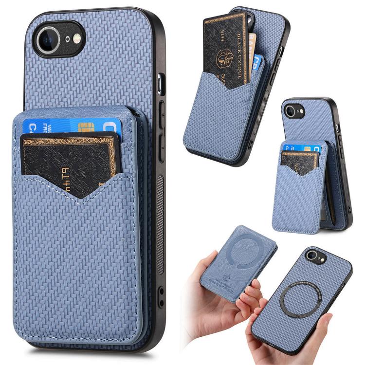 For iPhone 16e Carbon Fiber MagSafe Vertical Flip Card Bag Phone Case(Blue) - iPhone 16e Cases by buy2fix | Online Shopping UK | buy2fix