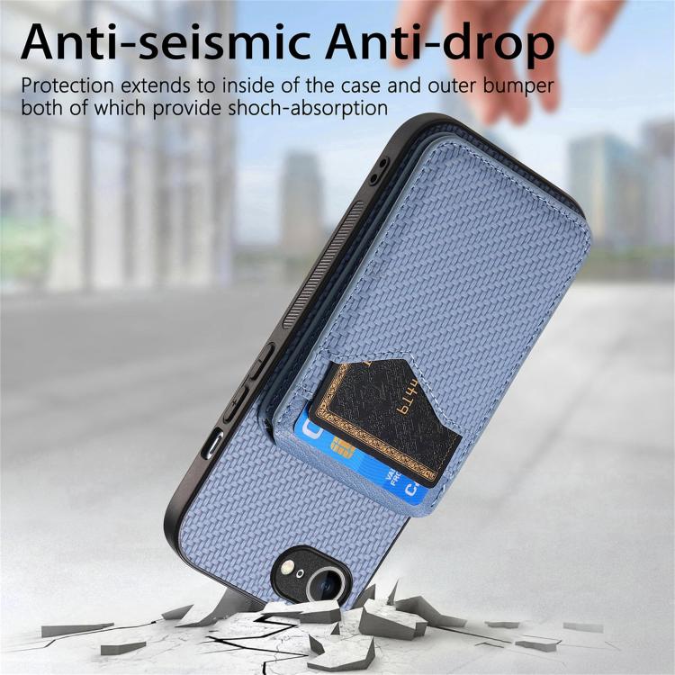 For iPhone 16e Carbon Fiber MagSafe Vertical Flip Card Bag Phone Case(Blue) - iPhone 16e Cases by buy2fix | Online Shopping UK | buy2fix