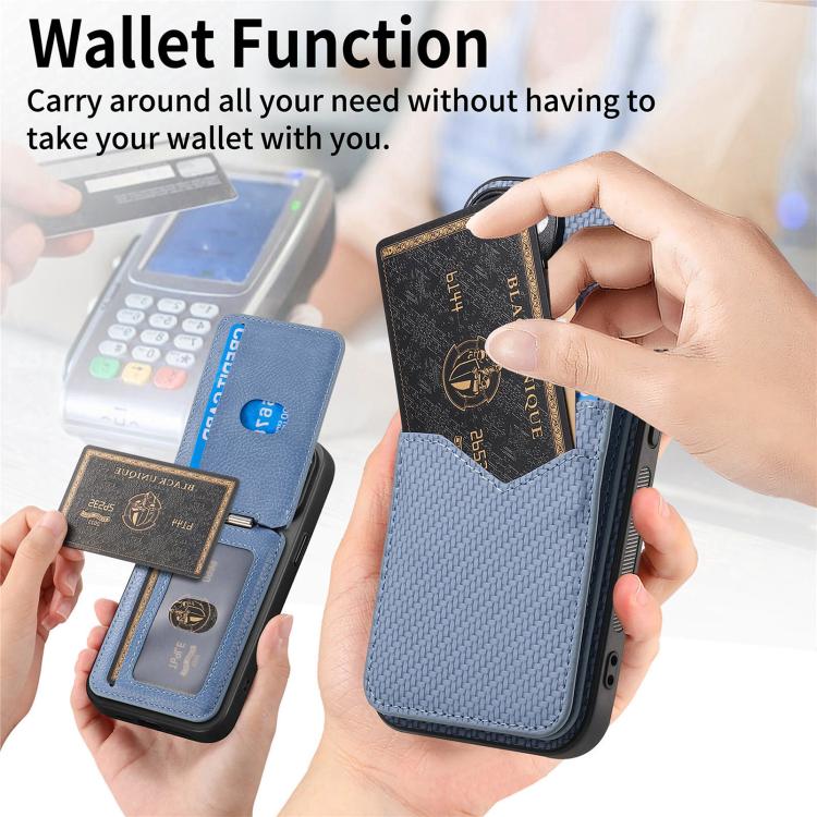 For iPhone 16e Carbon Fiber MagSafe Vertical Flip Card Bag Phone Case(Blue) - iPhone 16e Cases by buy2fix | Online Shopping UK | buy2fix