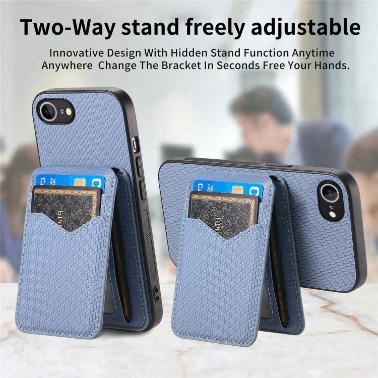 For iPhone 16e Carbon Fiber MagSafe Vertical Flip Card Bag Phone Case(Blue) - iPhone 16e Cases by buy2fix | Online Shopping UK | buy2fix