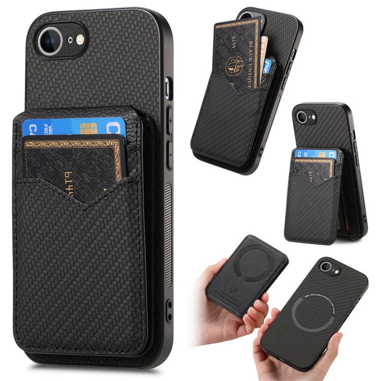 For iPhone 16e Carbon Fiber MagSafe Vertical Flip Card Bag Phone Case(Black) - iPhone 16e Cases by buy2fix | Online Shopping UK | buy2fix