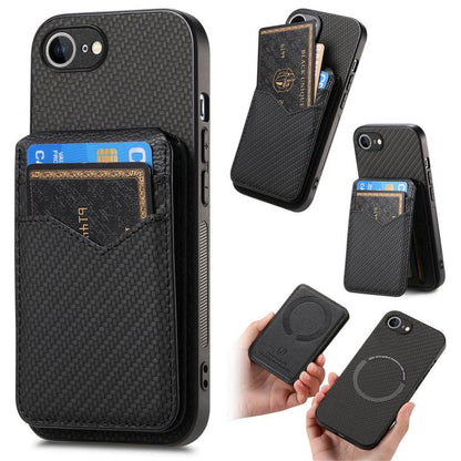 For iPhone 16e Carbon Fiber MagSafe Vertical Flip Card Bag Phone Case(Black) - iPhone 16e Cases by buy2fix | Online Shopping UK | buy2fix