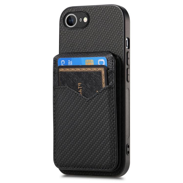 For iPhone 16e Carbon Fiber MagSafe Vertical Flip Card Bag Phone Case(Black) - iPhone 16e Cases by buy2fix | Online Shopping UK | buy2fix
