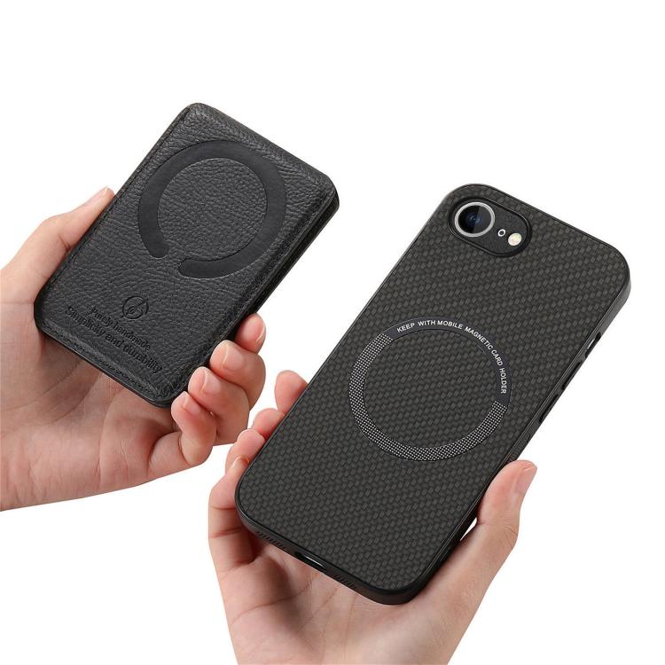 For iPhone 16e Carbon Fiber MagSafe Vertical Flip Card Bag Phone Case(Black) - iPhone 16e Cases by buy2fix | Online Shopping UK | buy2fix