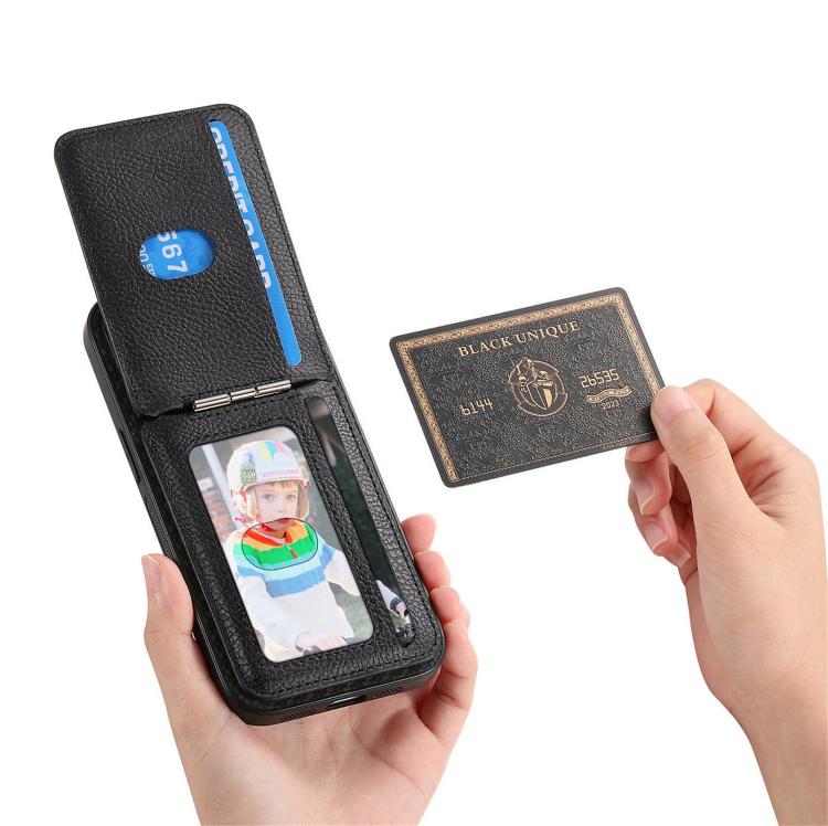 For iPhone 16e Carbon Fiber MagSafe Vertical Flip Card Bag Phone Case(Black) - iPhone 16e Cases by buy2fix | Online Shopping UK | buy2fix