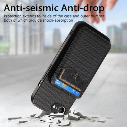 For iPhone 16e Carbon Fiber MagSafe Vertical Flip Card Bag Phone Case(Black) - iPhone 16e Cases by buy2fix | Online Shopping UK | buy2fix