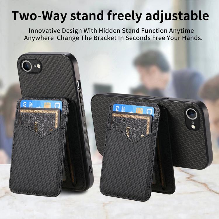 For iPhone 16e Carbon Fiber MagSafe Vertical Flip Card Bag Phone Case(Black) - iPhone 16e Cases by buy2fix | Online Shopping UK | buy2fix