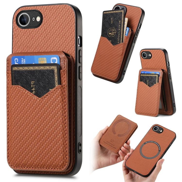 For iPhone 16e Carbon Fiber MagSafe Vertical Flip Card Bag Phone Case(Brown) - iPhone 16e Cases by buy2fix | Online Shopping UK | buy2fix