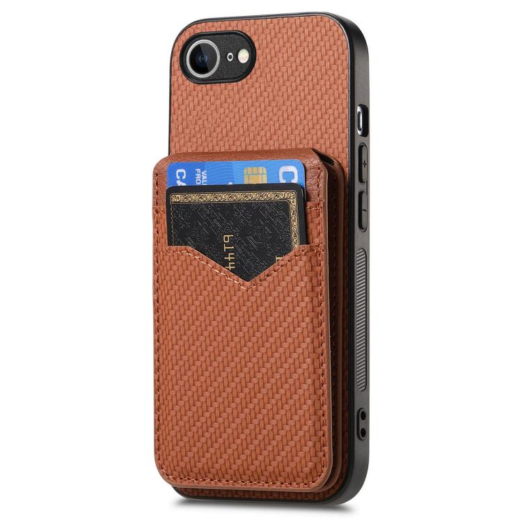 For iPhone 16e Carbon Fiber MagSafe Vertical Flip Card Bag Phone Case(Brown) - iPhone 16e Cases by buy2fix | Online Shopping UK | buy2fix