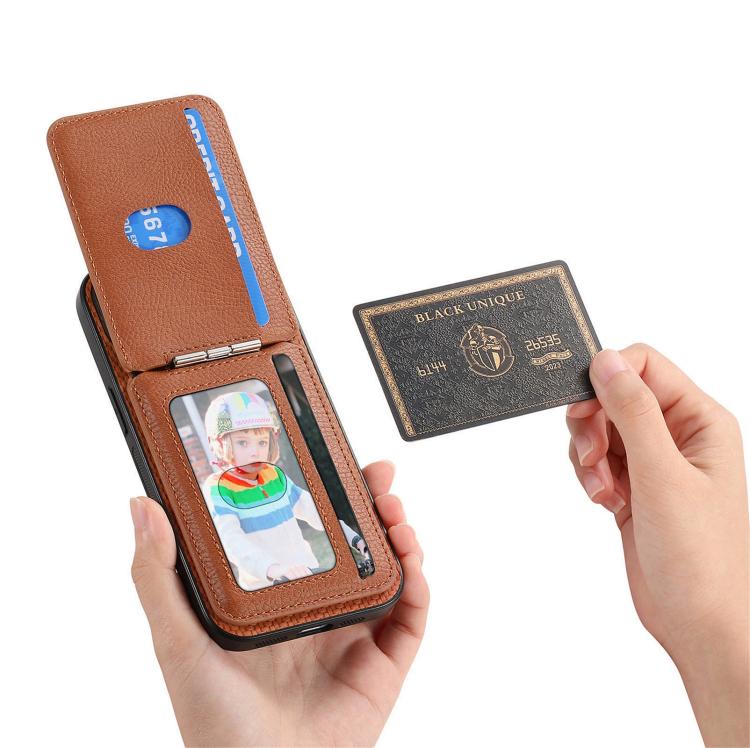 For iPhone 16e Carbon Fiber MagSafe Vertical Flip Card Bag Phone Case(Brown) - iPhone 16e Cases by buy2fix | Online Shopping UK | buy2fix