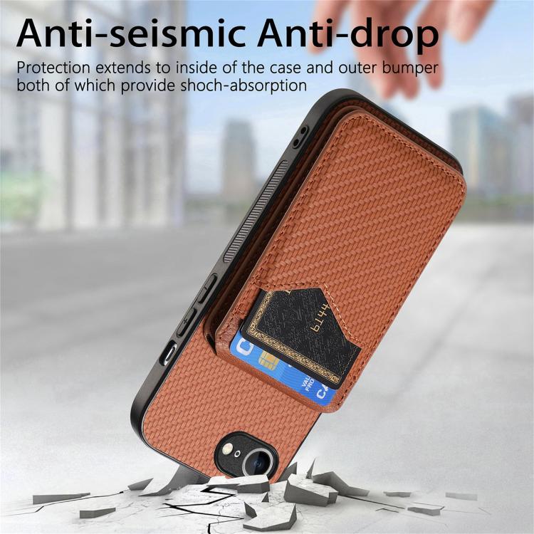 For iPhone 16e Carbon Fiber MagSafe Vertical Flip Card Bag Phone Case(Brown) - iPhone 16e Cases by buy2fix | Online Shopping UK | buy2fix