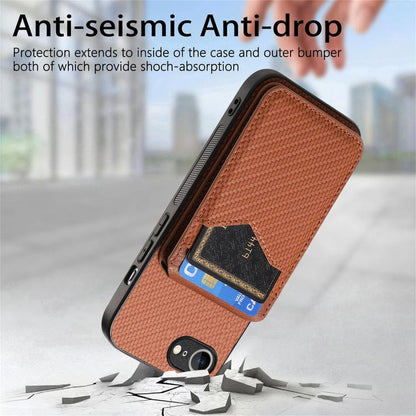 For iPhone 16e Carbon Fiber MagSafe Vertical Flip Card Bag Phone Case(Brown) - iPhone 16e Cases by buy2fix | Online Shopping UK | buy2fix