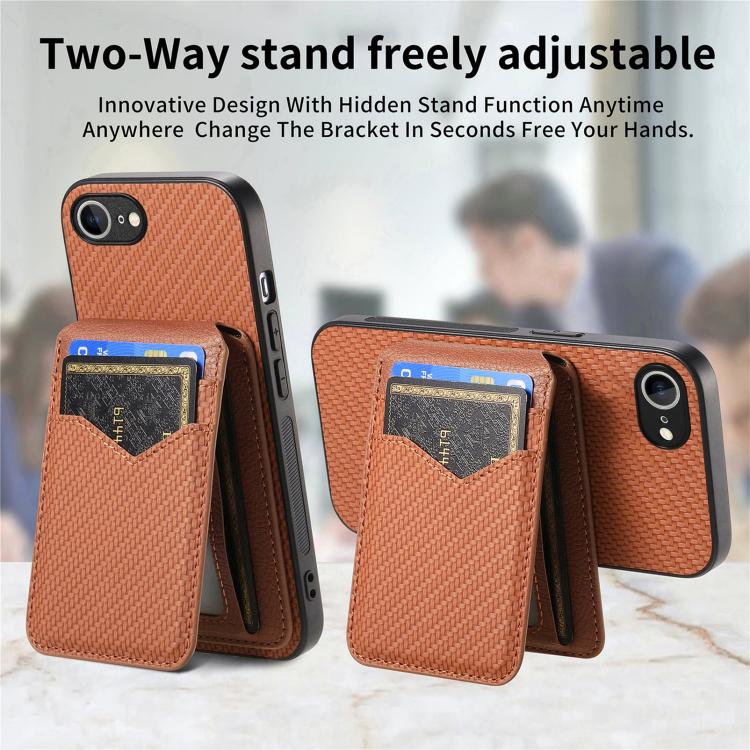 For iPhone 16e Carbon Fiber MagSafe Vertical Flip Card Bag Phone Case(Brown) - iPhone 16e Cases by buy2fix | Online Shopping UK | buy2fix