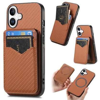 For iPhone 17 Carbon Fiber MagSafe Vertical Flip Card Bag Phone Case(Brown) - iPhone 17 Cases by buy2fix | Online Shopping UK | buy2fix
