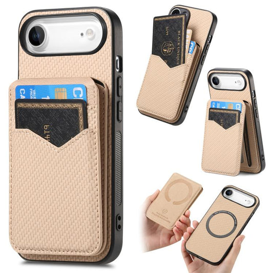 For iPhone Air Carbon Fiber MagSafe Vertical Flip Card Bag Phone Case(Khaki) - iPhone Air Cases by buy2fix | Online Shopping UK | buy2fix