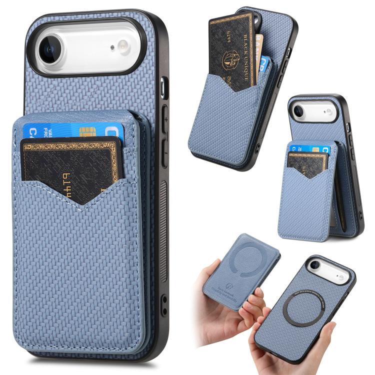 For iPhone Air Carbon Fiber MagSafe Vertical Flip Card Bag Phone Case(Blue) - iPhone Air Cases by buy2fix | Online Shopping UK | buy2fix