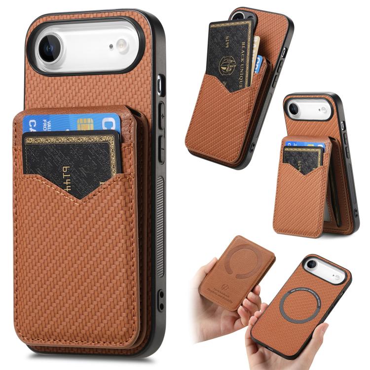 For iPhone Air Carbon Fiber MagSafe Vertical Flip Card Bag Phone Case(Brown) - iPhone Air Cases by buy2fix | Online Shopping UK | buy2fix