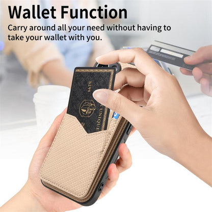 For iPhone 17 Pro Carbon Fiber MagSafe Vertical Flip Card Bag Phone Case(Khaki) - iPhone 17 Pro Cases by buy2fix | Online Shopping UK | buy2fix