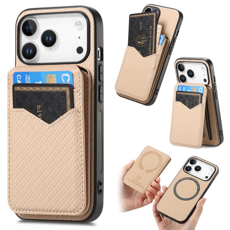 For iPhone 17 Pro Max Carbon Fiber MagSafe Vertical Flip Card Bag Phone Case(Khaki) - iPhone 17 Pro Max Cases by buy2fix | Online Shopping UK | buy2fix
