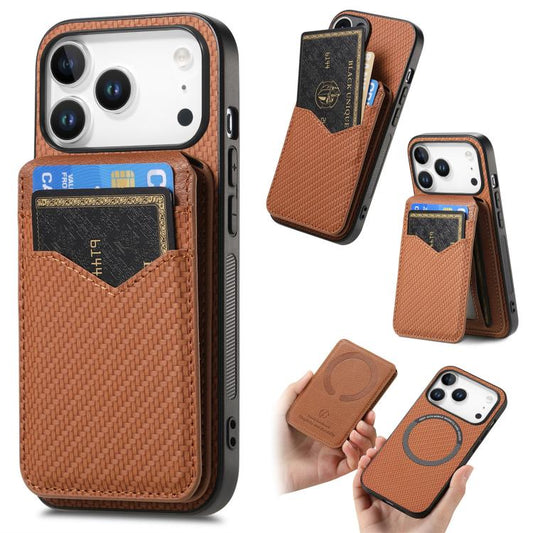 For iPhone 17 Pro Max Carbon Fiber MagSafe Vertical Flip Card Bag Phone Case(Brown) - iPhone 17 Pro Max Cases by buy2fix | Online Shopping UK | buy2fix