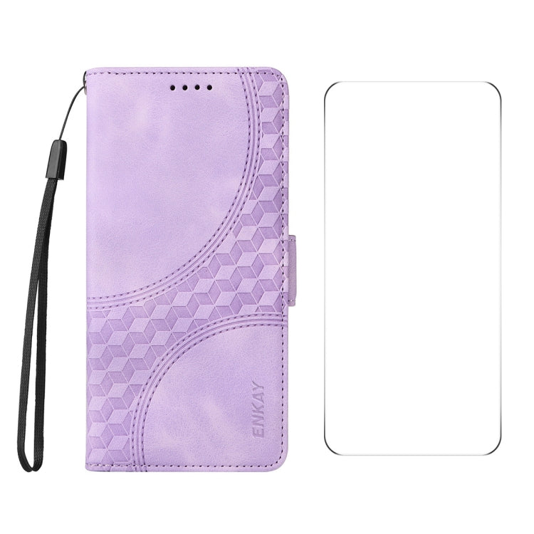 For iPhone 16 Pro ENKAY Embossed Rhombus Starry Leather Phone Case with Screen Film(Purple) by ENKAY