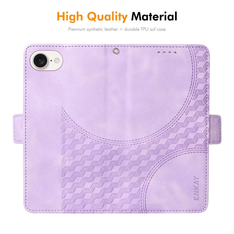 For iPhone 16e ENKAY Embossed Rhombus Starry Leather Phone Case with Screen Film(Purple) - iPhone 16e Cases by ENKAY | Online Shopping UK | buy2fix